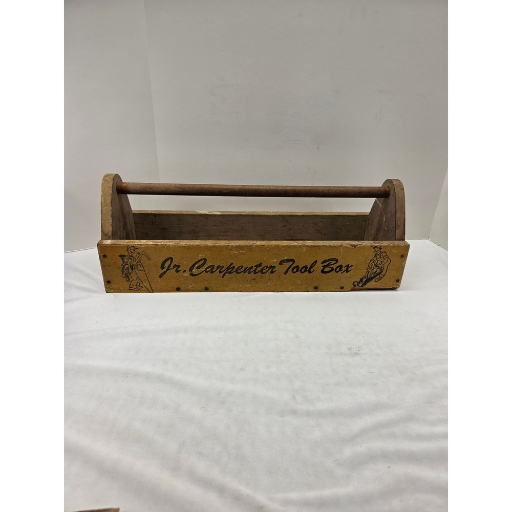 Vintage Jr Carpenter Tool Box Wooden Caddy Rustic Primitive Yellow Decor 19in
